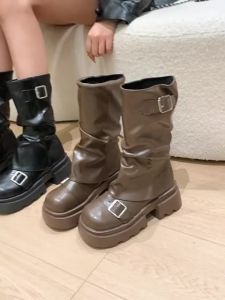 Size 35-40 Women Fashion Mid-Calf Boots British School Student Shoes Retro Thick Heel Knight Boots