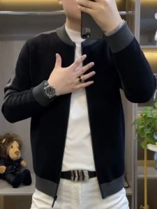 Mens Zipper Knitted Open Cardigan Sweater Double Color Casual Long Sleeve Autumn Winter Fashion Business Casual Style