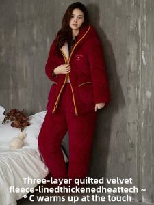 Womens Velvet Pajamas Winter Thickened Three-layer Cotton Coral Fleece Hooded Red Home Clothes Set Comfortable Sleepwear