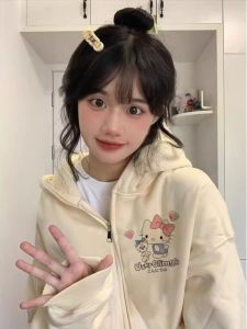 Retro American Fleece Hoodie Womens Loose Lazy Style Winter Coat Zipper Thickened Sweatshirt Korean Style Commute Cartoon