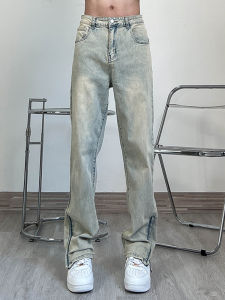 FILFR American Street Style Mens Mid-Waist Straight-Leg Denim Jeans with Zipper and Wash Damaged Distressing Details