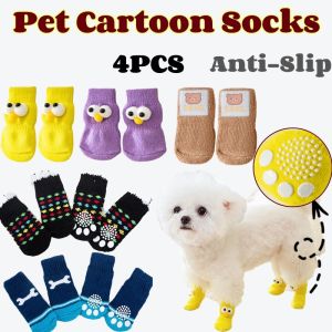 4Pcs Cute Pet Dog Socks With Print Anti-Slip Cats Cartoon Warm Puppy Shoes Paw Protector Products