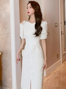 Váy Dài Tay Bồng Màu Trắng Thanh Lịch Cho Nữ Mùa Hè 2024 Váy Chữ a Cổ Tròn Bằng Polyester 100% Váy Công Sở Phong Cách Mới