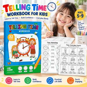 Telling Time Workbook for Kids 32 Pages | Learn Analog & Digital Clock Skills | Ages 5-9 | Pre-school Education Book