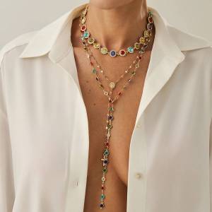 KunJoe 3Pcs Exquisite Colorful Rhinestone Chain Necklace for Women Hip Hop Y-shaped Cross Long Pendant Necklace Wedding Jewelry