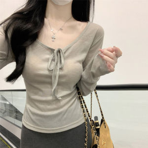 Áo Thun Dài Tay Cổ Chữ V Hở Vai Ôm Vừa Vặn Cho Nữ Mùa Thu Phong Cách Hàn Quốc Thanh Lịch Mỏng Mới 2025 Áo Thun Cotton