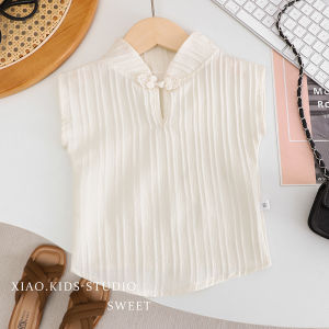 เสื้อยืดแขนกุดคอวีสีขาวทรงสลิมฟิตสำหรับเด็กผู้หญิง ฤดูร้อน แฟชั่น กระดุม ชุดเด็กสไตล์จีน ชุดเด็ก ชุดเด็ก