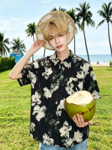 OUMULONG | Sun-Protective Casual Black Flower Pattern Short Sleeve Shirt