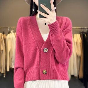 Spring and Autumn Ultra-Short Pure Color Cashmere Small Cardigan Womens V Neck Knitted Outerwear Loose Sweater Coat Long Sleeves Easiest for Match