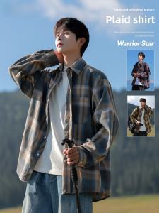 Loose Mens Long Sleeve Shirt Retro Japanese Style Spring Autumn Trendy Brand Checkered Casual Coat for Teenagers Travel Wear