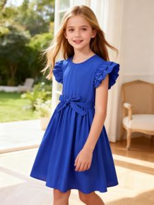 Girls Vacation Leisure Daily Outings Double-Layer Lotus Leaf Sleeves Solid Color Cotton Dress With Belt Included