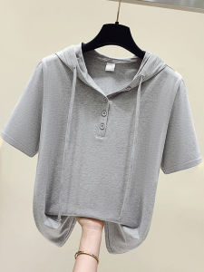 plus Size Womens Hoodie Short Sleeve T-Shirt Summer New Style Slimming Belly Covering Meat Hiding Casual Loose Fit Cotton
