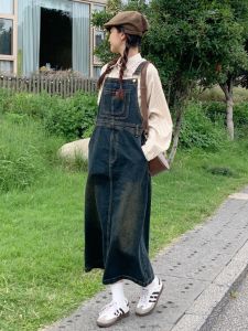 ย้อนยุค เดนิม ชุดเอี๊ยม ผู้หญิง ฤดูใบไม้ผลิ ฤดูใบไม้ร่วง พลัสไซส์ ชุดทํางานปกปิดสะโพก อินเทรนด์ เอวสูง ผ้าฝ้าย ความยาวปานกลาง กระโปรงทรงเอ