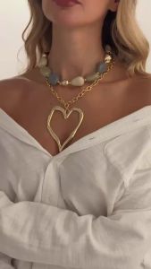 Ingemark | Ingemark 2Pcs/Set Bohemian Resin Bead Chains Chokers Necklace Women Retro Metal Hollow Big Heart Pendant Necklace Party Jewelry