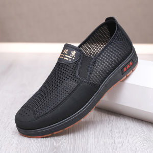 Mens Summer Breathable Soft Bottom Anti-slip Net Shoes Slip-on round Toe Flat Heel PU Leather Outsole Cloth Lined Casual Shoes