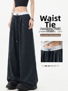 XINGJUSHE | American Vintage Plaid Summer Lightweight Wide Leg Straight Pants