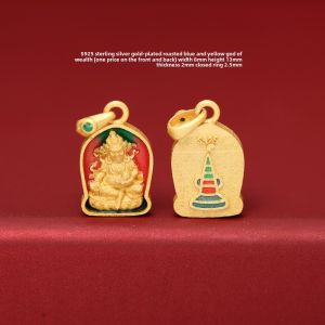 S925 Sterling Silver Gold-Plated Enamel Burnt Blue Earth Tibetan Bodhisattva Yellow God of Wealth White Mother Statue God Slide Pendant DIY Accessories