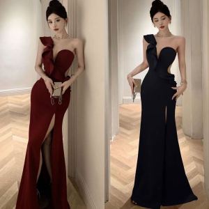 Hawlife Korean Red Black Elegant Banquet Dinner Evening Prom Cocktail Split Maxi Dress Gown 42