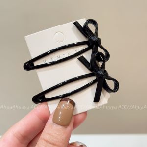 AhuaAhuaya Long Thin PU Leather BB Clip with Butterfly Knot in Caramel Color Personality Sweet Korean Style Hair Clip