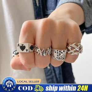 【Local delivery】 5pcs Hip-pop Jewelry Retro Hip Hop Steampunk Ring Set Vintage Geometric Hollow Drop Oil Alloy Ring Set for Fashion Poker A
