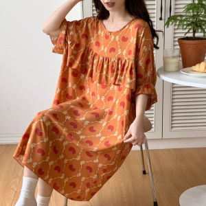 Nipple Coverage Cotton Silk Womens Thin plus Size Pajamas Nightdress Cotton Silk Plus Size Ladies Short Sleeve Skirt Artificial Cotton Home Wear Summer