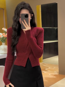 Elegant Red V-neck Knitwear Slim Fit Snake Year Lucky Year Womens Fashion Inner Wear Base Layer Autumn Winter Sweater