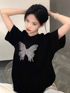 Black Pure Cotton Butterfly Print Loose Short Sleeve T-Shirt Womens Summer New Style American Loose Half Sleeve Top