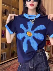 Womens Short Sleeve T-shirt with Plant Floral Print and Cartoon Animation Pattern Casual K-style Cotton 100% for Summer