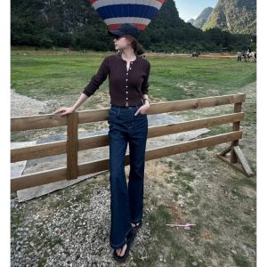 กางเกงยีนส์ทรงหลวมเอวสูง ทรงขากระบอกเล็ก สีน้ำเงินเข้ม กางเกงขายาวสำหรับผู้หญิง สไตล์ลำลอง ฤดูใบไม้ผลิ ฤดูร้อน ฤดูใบไม้ร่วง ฤดูหนาว