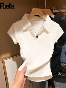 Short Sleeve Polo Neck T-Shirt Womens Summer Casual White Slim Fit Short Waist-Cinching Design Korean Style Commute Fashion