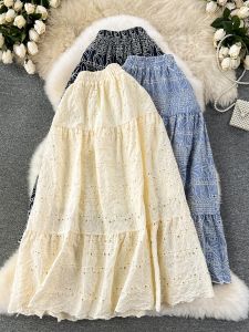 Korean Style Embroidered Heavy Work Hollow out Mid-Length High Waist A-Line Skirt Womens Fashion Slimming Elastic Waist Skirt