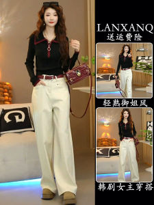 Autumn Fashion Set Ootd Small Fragrance Style Korean High Waist Wide Leg Pants Womens Two Piece Set Long Sleeve mid Length Dress