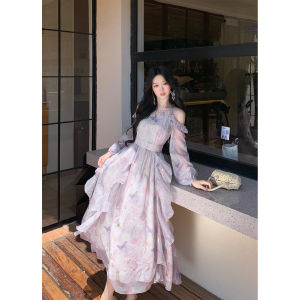 Elegant Off-shoulder Irregular Ruffles Butterfly Print Long Sleeve Dress for Early Autumn