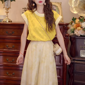 Shalldoer | Bộ đồ hai mảnh thời trang mùa hè cổ tròn màu tương phản khoét rỗng tay áo ren quần dài thường ngày cho nữ