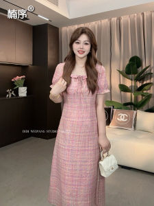 Nanxuedi Fashion Plaid A-Line Dress Women Summer plus Size Conceal Meat Slimming Midi Skirt Commute Style Polyester Cotton Blend