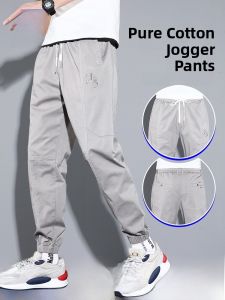 ROMON | Lormen Summer Thin Cotton Mens Casual Pants Loose Trousers Drawstring Elastic Sports Youthful Long Harem Pants Pure Color