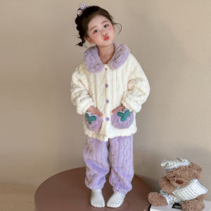 Thickened Flannel Pajamas Girls Coral Fleece Home Clothes Set Strawberry Princess Style Long Sleeve Long Pants Outfit for Kids