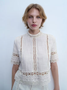 New Arrival Womens Cotton Linen Blend Hook Knit Detail Shirt Loose Fit Batwing Sleeve V Neck Short Sleeve Pure Color Summer