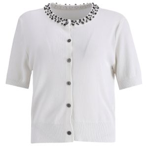 MY TENO | Elegant Round Neck Knitted Short Sleeve Open Cardigan In Apricot By Matin Nu Casual Style Medium Softness Beaded Design Suitable For Various Occasions