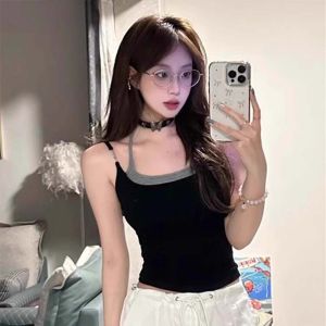 chaqi | Summer New Design Sensation Small Audience Color Block Neck Hanging Strap Vest Women High Level Commuting Fashionable Top