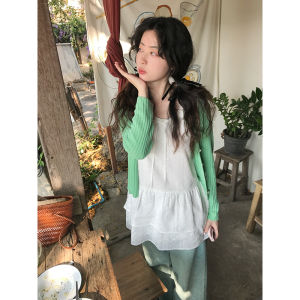 เสื้อคาร์ดิแกนถักแขนยาวสำหรับผู้หญิง PtonUmi Spring Day Dopamine Lace Trim เสื้อคลุมกันแดดอเนกประสงค์อ่อนนุ่ม