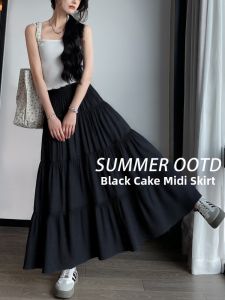 YAYANGREN | Black High Waist A-Line Maxi Skirt with Drape and Slimming Effect