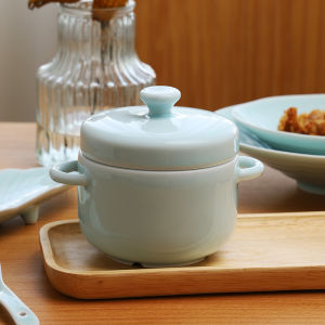 Large Double Cover Ceramic Soup Pot Longquan Qingci Double Ear Steamer Egg Soup Fish Fin Cooking Utensil Chinese Style Stew Pot
