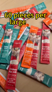【1 box/60 pieces】FAENBEI Cat SnacksThree flavors （TUNA MUSSELS，CHICKEN EGG YOLK，SALMON KRILL）nutritious cat snacks for adults and kittens to gain weight.