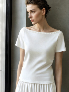 AMII | Boat Neck Pearl Decorated High Cotton Elastic T-Shirt
