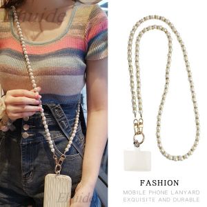 Phone Lanyard Long Crossbody Necklace Chain Hand-beaded Plastic Pearl Diamond Strap Anti-lost Universal Clip Bag for Phone Case