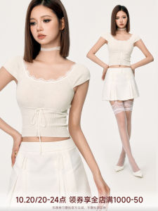 WooHa Summer New Lace Trim Pure Desire Romantic Knitted Short Sleeve T-Shirt Women Half Sleeve Cotton Slim Fit Square Collar Short Length