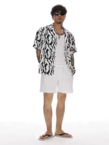 HUILISHI Cuban collar black and white tiger pattern Hawaiian flower shirt mens casual Loose short sleeve shirt