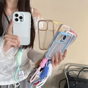 💗Internet celebrity trend+In stock+COD Candy Color Frame Matte Transparent Phone Case For iPhone 16 11 14 12 13 15 Pro Max Half Plush Smile Lanyard Wrist Strap Cover