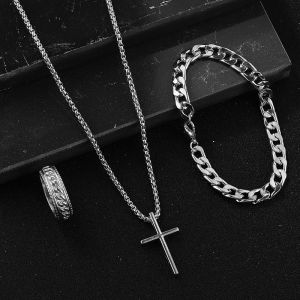 Corinna 3pcs/set Cross Pendant Fashion Punk Stainless Steel Necklace Bracelet Ring Set Jewelry Gift For Men Accessories